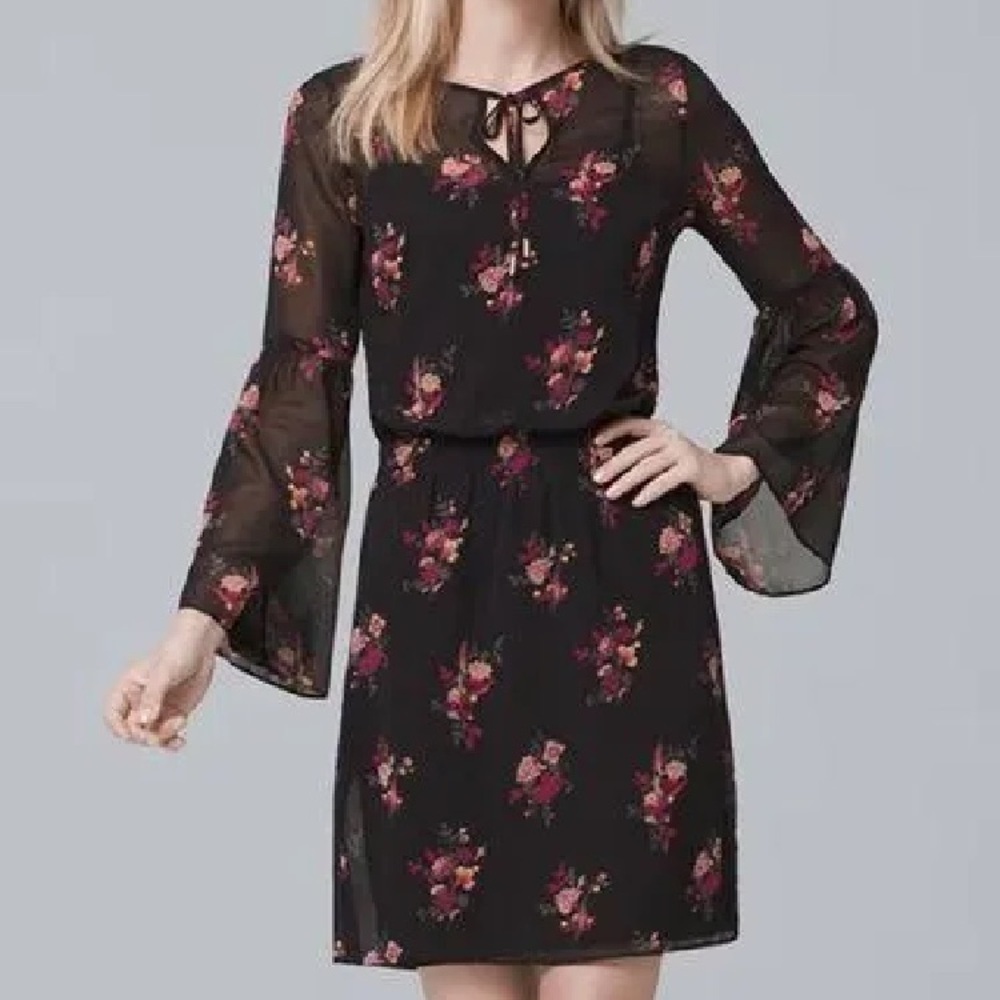 White House Black Market Black Floral Dress Bell Sleeve Pink Size Small Sheer